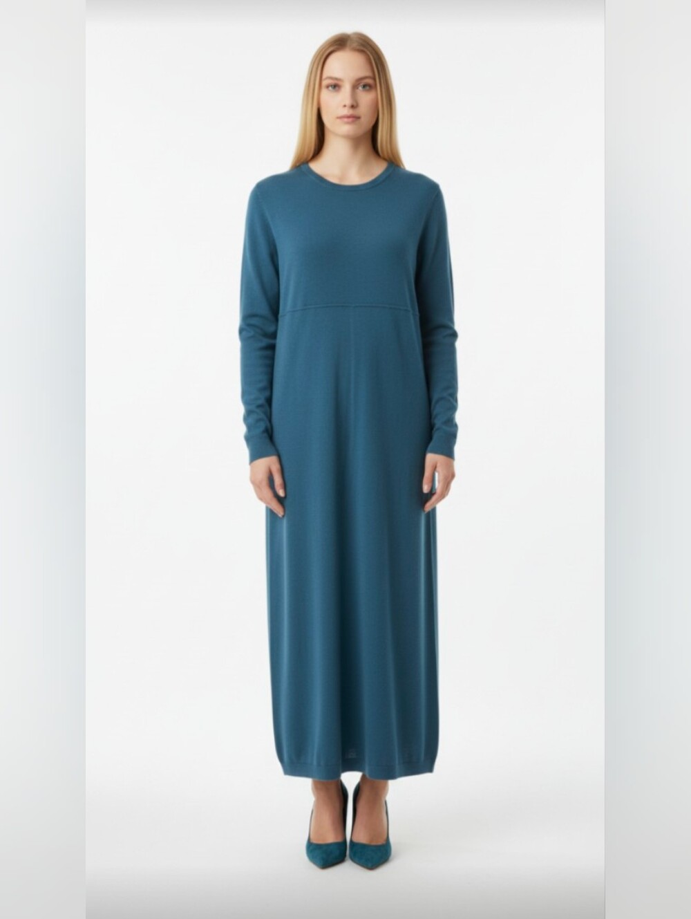 NWOT! DIALOGUE! GORGEOUS BLUE KNIT PRINCESS CUT MERINO WOOL+ SWEATER DRESS! SZ M